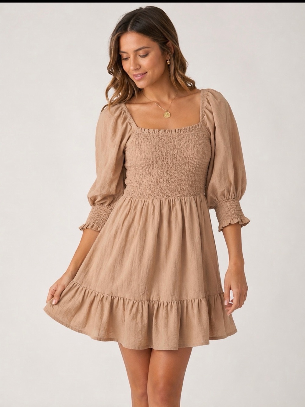 Sim & Sam Taupe Tiered Puff Sleeve Gauze Prairie Dress